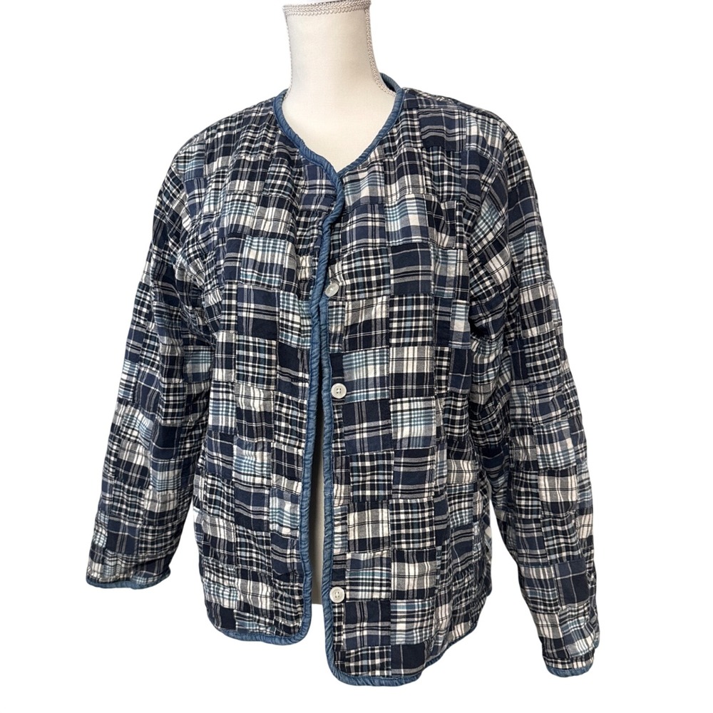 Vintage 90s Stonybrook Quilted Plaid Navy Patchwork Jacket Cardigan Sweater XL